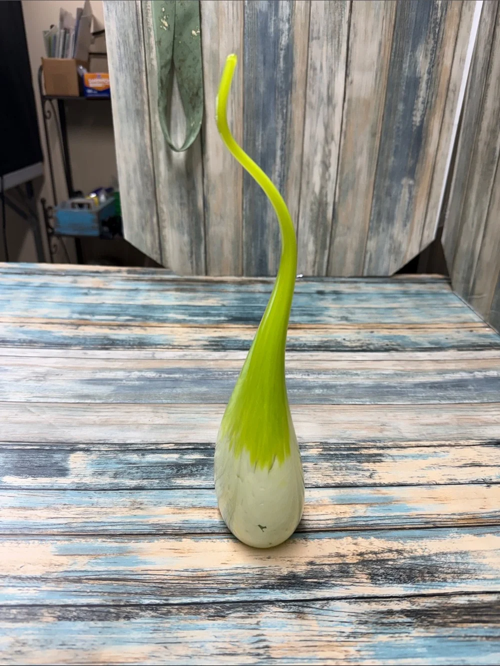 ⭐️Vintage Pier 1 Modern Elongated Gooseneck Lime Green White Art Glass Vase MCM